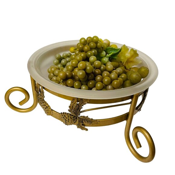 Vintage Brass Glass Fruit Bowl with Decorative Grapes Pinecone Design Elegant Ho - Picture 9 of 9